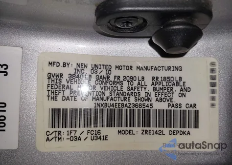 2010 Toyota Corolla Le z USA, uszkodzony, nr VIN 1NXBU4EE8AZ366545